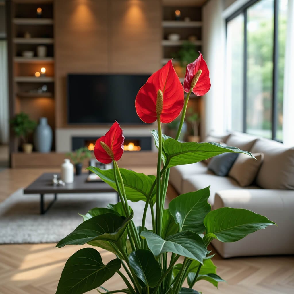 Anturio en salón moderno con flores rojas y hojas verdes