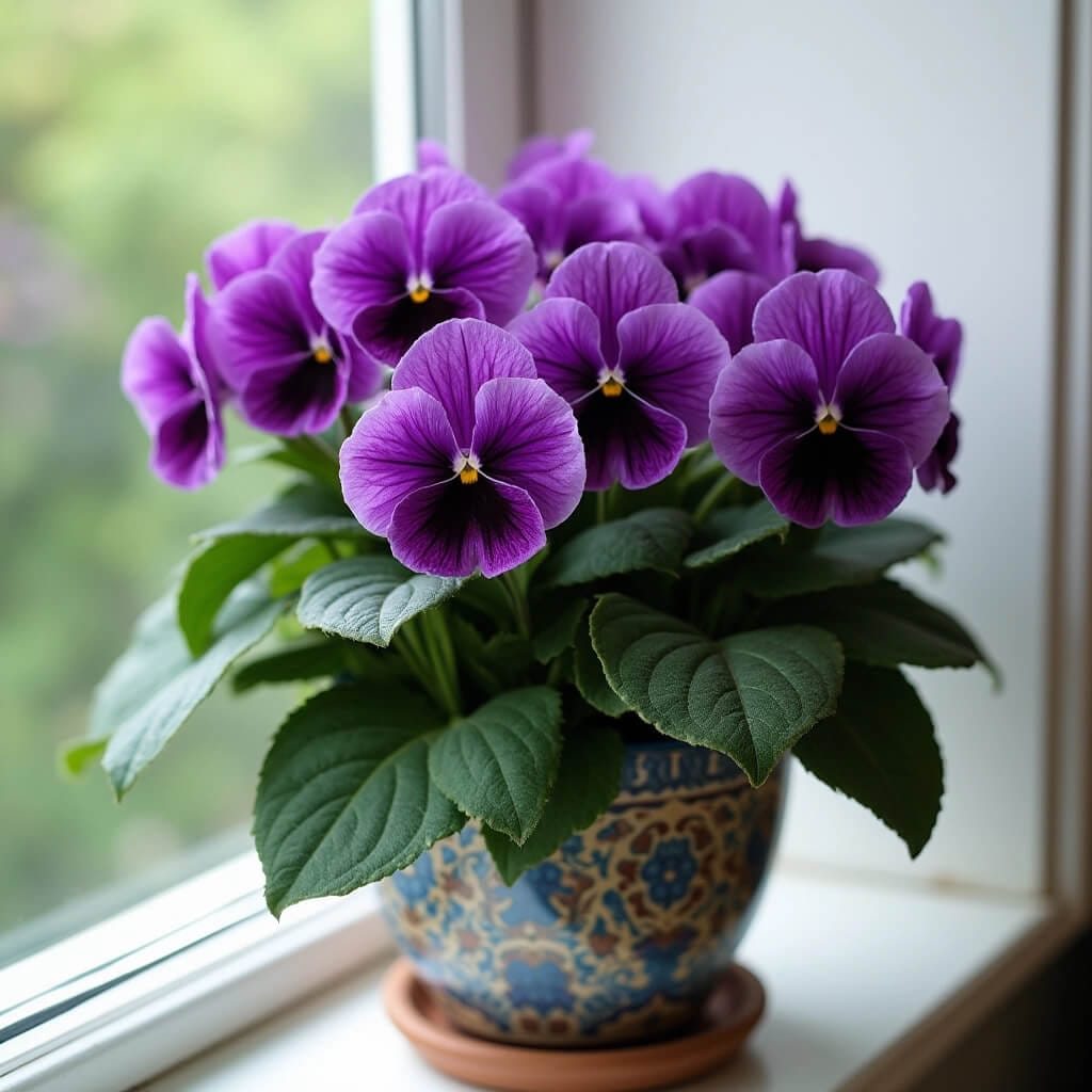 Violeta africana floreciendo con exuberantes flores púrpuras en maceta decorativa junto a una ventana con luz natural indirecta, condición ideal para su desarrollo